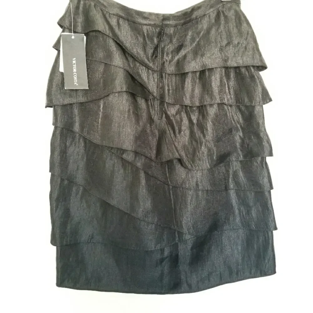 Victor Costa Black Tiered Ruffle Shimmer Knee Length Skirt Size 6